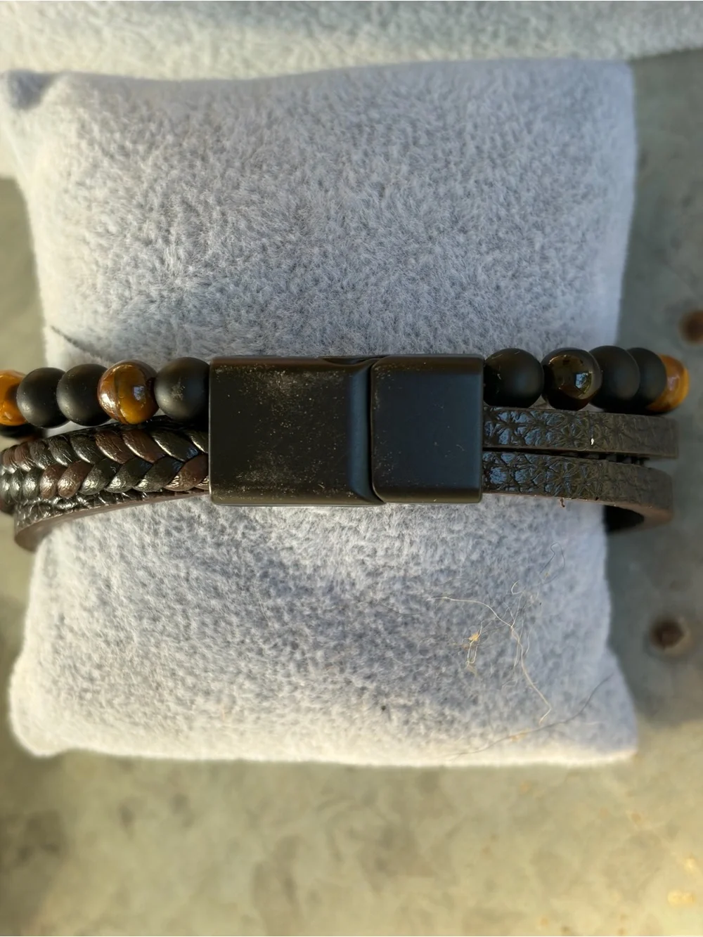 Hand Crafted Brown Leather Wrap Bracelet with Black and Tiger Eye Beads